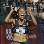 Lori Jones celebrates after winning the women’s 110 meter hurdles final at the U.S. Olympic Track and Field Trials
