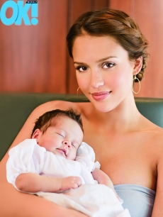 Jessica Alba holds baby Honor for an OK! magazine shoot 