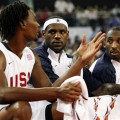 Chris Bosh, LeBron James and Kobe Bryant at a warm-up Olympic basketball game 