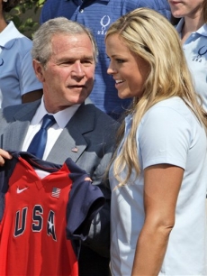 President Bush talks with Olympic softball pitcher Jennie Finch 