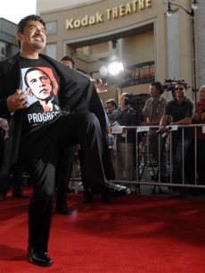 George Lopez shows off his Barack Obama T-shirt at the premiere of ‘Swing Vote’
