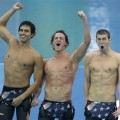 Ricky Berens, Ryan Lochte and Michael Phelps celebrate winning the gold medal in Beijing, Wednesday, Aug. 13, 2008