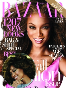Tyra Banks on the cover of Bazaar magazine, inset — Tyra as Michelle Obama 