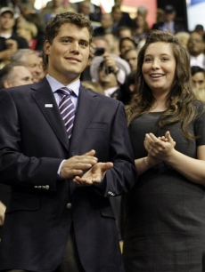 Levi Johnston and Bristol Palin listen as Sarah Palin speaks at the RNC