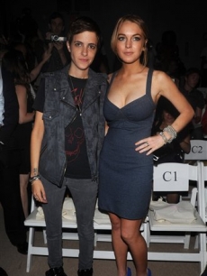 Lindsay Lohan and Samantha Ronson pose during Fashion Week