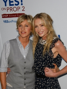 Ellen DeGeneres and actress Portia De Rossi arrive at the Yes! on Prop 2 Party