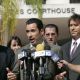 Helio Castroneves talks to the media about his alleged tax evasion in Miami, Florida