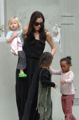 Angelina Jolie and her children Zahara, Pax, and Shiloh are seen walking in the French Quarter on October 6, 2008 in New Orleans, Louisiana