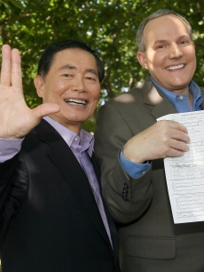 Actor George Takei (R) and partner Brad Altman (L) pose following their wedding June 17, 2008 in West Hollywood, California. Takei, 71, is known to millions of fans as Mr. Sulu from ‘Star Trek.’
