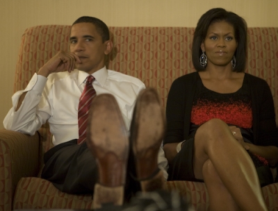 Barack and Michelle Obama watch the TV on election night, Nov. 5, 2008 