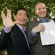Actor George Takei (R) and partner Brad Altman (L) pose following their wedding June 17, 2008 in West Hollywood, California. Takei, 71, is known to millions of fans as Mr. Sulu from ‘Star Trek.’