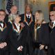 Roger Daltrey, Pete Townshend, Twyla Tharp, Morgan Freeman, Barbara Streisand, and George Jones pose for a group photo after the State Department Dinner for the Kennedy Center Honors gala 