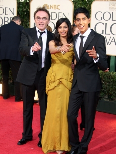 ‘Slumdog Millionaire’ director Danny Boyle and stars Dev Patel and Freida Pinto on the Globes red carpet