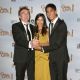 ‘Slumdog Millionaire’ director Danny Boyle shows off the Golden Globe for Best Director, along with stars Dev Patel and Freida Pinto