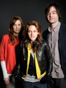 Kristen Wiig, Kristen Stewart and Bill Hader pose at the Hollywood Life House on January 19, 2009 in Park City, Utah