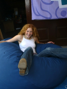 Rachelle Lefevre, who plays evil vampire Victoria, has fun on the Love Sac at the Silver Spoon Hollywood Buffet