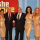 Manuela Arbelaez, former host Bob Barker, host Drew Carey, Gwendolyn Offborne and Rachel Reynolds speak during a segment of ‘The Price Is Right’ at CBS Television City on March 25, 2009 in Los Angeles