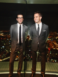 Zachary Quinto and Chris Pine pose for a photo up at the sky deck during the Premier of ‘Star Trek’ at Sky City on April 9, 2009 in Auckland