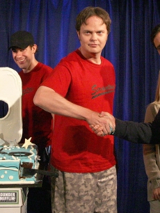 Rainn Wilson and Steve Carell shake hands at ‘The Office’ 100th Episode Celebration