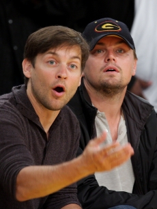 Tobey Maguire and Leonardo DiCaprio at the Los Angeles Lakers vs Utah game at Staples Center on April 27, 2009