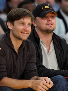 Tobey Maguire and Leonardo DiCaprio cheer on the Los Angeles Lakers as they take on Utah at Staples Center on April 27, 2009