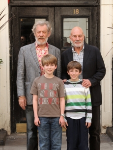 Sir Ian McKellen and Patrick Stewart pose with Richard Linnell and Sam Walton who were chosen from open auditions to join the lead actors on stage in the new production of ‘Waiting for Godot’