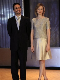 Lin-Manuel Miranda and Cynthia Nixon pose for photos before they announce the nominations for Broadway’s 2009 Antoinette Perry ‘Tony’ Awards