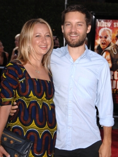 Tobey Maguire and wife Jennifer Meyer arrives at the Los Angeles Premiere Of ‘Tropic Thunder’ at the Mann’s Village Theater on August 11, 2008 in Los Angeles, California