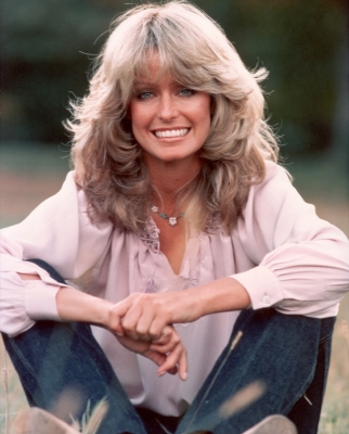 Farrah Fawcett poses for a publicity photo in the outdoors, 1975