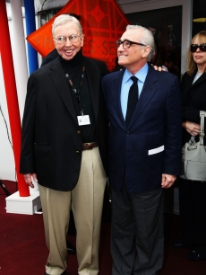 Film critic Roger Ebert and director Martin Scorsese attend the Roger Ebert Conference Center Announcement held at the American Pavillion during the 62nd International Cannes Film Festival on May 15, 2009