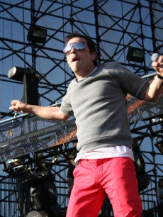 Rivers Cuomo of Weezer dances for the crowd at the KROQ Weenie Roast, May 16, 2009, Irvine, Calif.