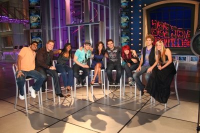 Anoop, Michael, Lil Rounds, Matt, AccessHollywood.com’s Laura Saltman, Danny, Allison, Scott and Megan from ‘American Idol’s’ Top 10 on the Access set, May 21, 2009