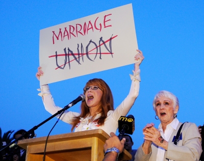 Kathy Griffin and her mother Maggie Griffin attend a rally following the California Supreme Court’s ruling to uphold Proposition 8, on May 26, 2009 in West Hollywood
