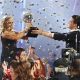 Shawn Johnson and Mark Ballas hold the trophy during ‘Dancing with the Stars’ finale show