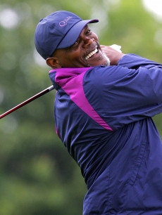 Samuel L. Jackson tees off from the 1st hole during the Shooting Stars in Desert Nights Benefit 2009 Golf Day on June 11, 2009 in London