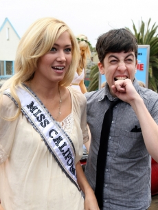 Miss California Tami Farrell and Christopher Mintz-Plasse at Columbia Pictures’ ‘Year One’ Beach Battle in Santa Monica, Calif., on June 13, 2009