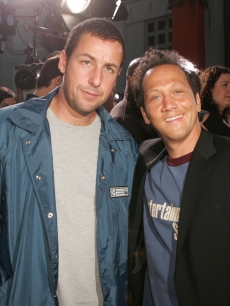 Adam Sandler and Rob Schneider pose at the premiere of ‘The Longest Yard’ at the Chinese Theater on May 19, 2005 in Los Angeles