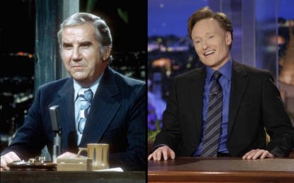 Ed McMahon on the ‘Tonight Show’ set in the 1970s, Conan O’Brien on the ‘Tonight Show’ set in 2009