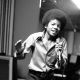 Michael Jackson at age 13, the youngest member of the singing group Jackson Five, sings in his home in Encino, California