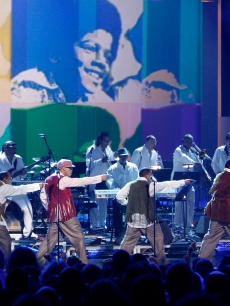 Ralph Tresvant, Michael Bivins, Ronnie DeVoe, Ricky Bell, Bobby Brown and Johnny Gil of New Edition pay tribute to Michael Jackson onstage during the 2009 BET Awards held at the Shrine Auditorium in Los Angeles on June 28, 2009 