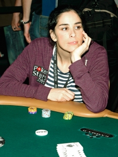 Comedian Sarah Silverman takes a moment to think during the ‘Ante Up for Africa’ celebrity poker tournament in Las Vegas on July 2, 2009 