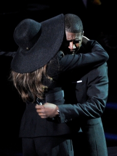 Usher hugs LaToya Jackson after an emotional performance at the Michael Jackson public memorial service held at Staples Center on July 7, 2009 in Los Angeles