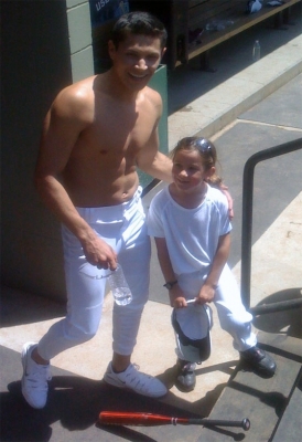 A shirtless Alex Meraz poses with Catherine Grimme, who plays Young Bella in ‘Twilight’