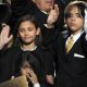 Blanket, Paris and Prince Michael Jackson I wave from the stage at the public memorial for their father, Los Angeles, July 2009