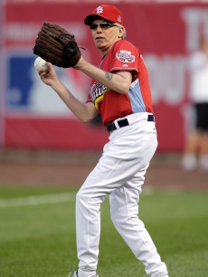 Billy Bob Thorton hits the field during the Taco Bell All-Star Legends & Celebrity Softball Game at Busch Stadium in St. Louis on July 12, 2009