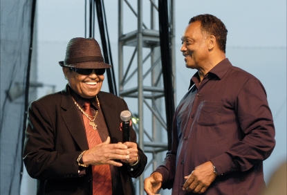 Michael Jackson’s father, Joe Jackson, and the Rev. Jesse Jackson attend a memorial service for Michael Jackson at U.S. Steel Yard ballpark, Gary, Indiana, July 10, 2009