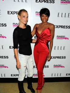 Molly Simms and Ciara strike a pose during the Express Celebrates TXT L8TR Campaign in West Hollywood on July 29, 2009 