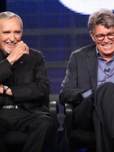 Dennis Hopper and Eric Roberts share a laugh on stage during the Television Critics Association Press Tour in Pasadena, California on July 29, 2009 