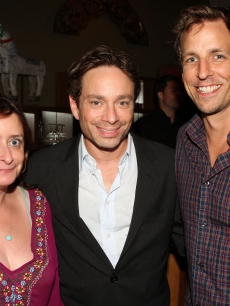 ‘SNL’ alums Rachel Dratch, Chris Kattan strike a pose with current ‘SNL’ head writer Seth Meyers during the after party for the premiere of ‘Bollywood Hero’ in New York City on August 4, 2009 