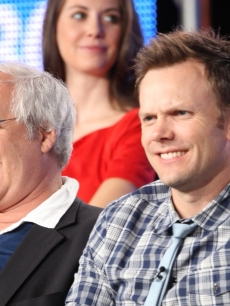 ‘Community’ stars Chevy Chase and Joel McHale share a laugh during the 2009 Summer Television Critics Association press tour in Pasadena, California on August 5, 2009
